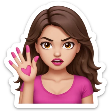 girl with long wavy brown hair, brown eyes, long lashes makeup, sexy pink lips, light to medium complexion, pink sexy top,slapping sticker