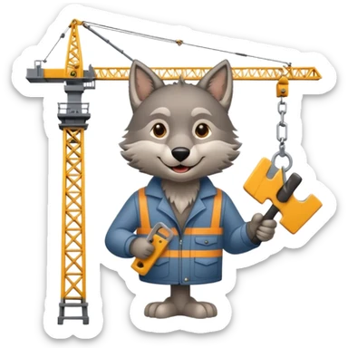  a joyful gray wolf sits on a tower crane and holds a saw in his hands sticker