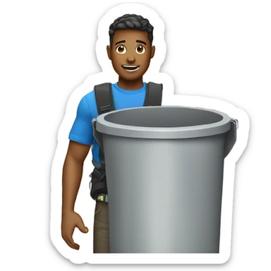 A young man with a shoulder bag is in a trash can against the background of a map. sticker