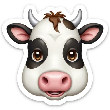 Cinematic Comical Black and White Cow Portrait Emoji, Head tilted dramatically with an exaggeratedly amused expression, featuring a striking, glossy coat of bold black and white, wide, expressive brown eyes filled with playful disbelief, Simplified yet hilariously expressive features, highly detailed, glowing with a slightly sassy glow, high shine, dramatic yet playful, stylized with an air of cheeky mischief, bright and endearing, soft glowing outline, capturing the essence of a spirited and over-the-top cow, so meme-worthy it feels like it could moo its way into internet fame instantly! sticker