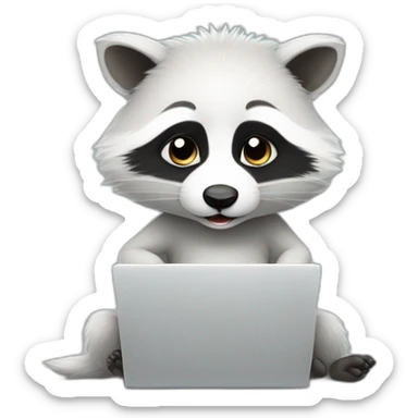 Cute white racoon using laptop sticker