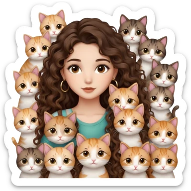 cute girl long brunette balayage curly/wavy not voluminous hair, brown eyes, hoop earrings, natural pretty clean makeup: surrounded by lots and lots of kitties sticker