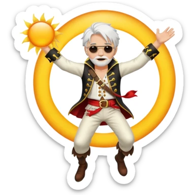 the king of the pirates with white hair and clothes jumping in front of the sun sticker