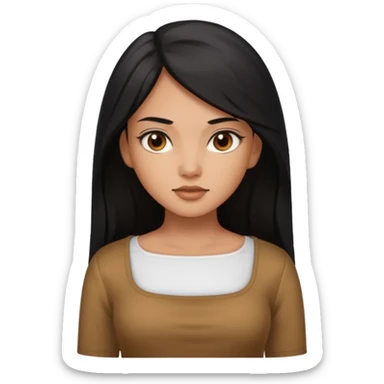 A deep skin girl (deep skin is caramel color not dark) with long black hair swept to the front and a square neckline shirt and brown eyes sticker