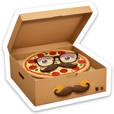 pizza take-out box with glassess and mustache sticker