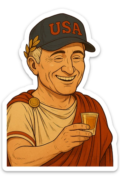 Используя такую стилистику сгенерируй довольного Императора Цезаря с кепкой USA на голове и держащего в руках стопку текилы, прозрачный фон sticker