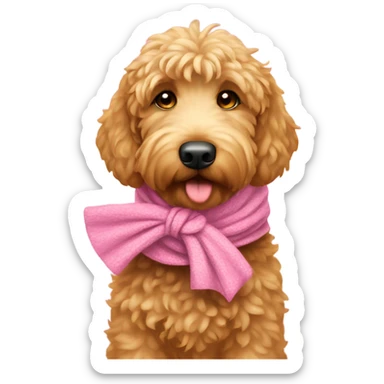 Golden doodle with a pink winter scarf and pink bows on its ears sticker