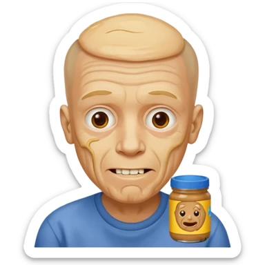 White man, barely any hair, lots and lots of wrinkles, bad yellow teeth, and peanut butter. Cerebral palsy sticker