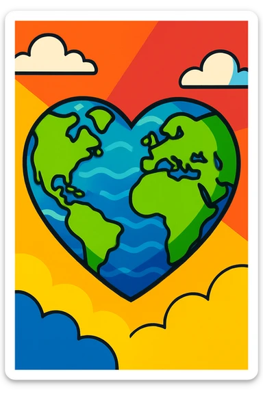 heart-shaped planet with continents and oceans, vibrant colors, cartoon style sticker