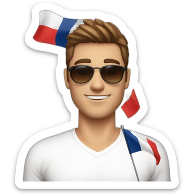 A young fit man with a white shirt and sunglasses on his hair with brown hair and a French flag in his hand sticker