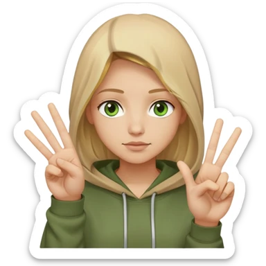 Blonde shoulder-length hair with a brown hoodie with a beautiful font, green eyes and a light skin tone, you should also see a hand that shows peace sticker