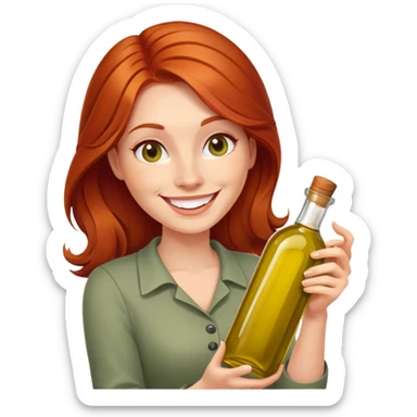 redhead woman with big smile holding olive oil bottle sticker