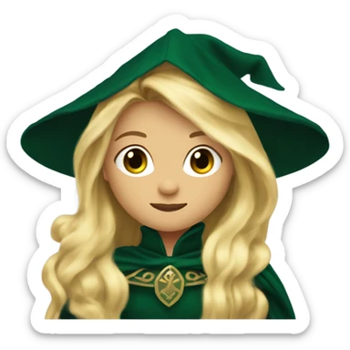 aelin galathynius with long blonde hair, and a dark green cloak and a dress, with a small crown on top of her hair sticker