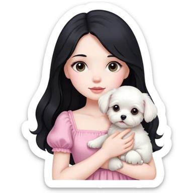 beautiful girl with long black hair wearing pink dress holding a white Maltese puppy sticker