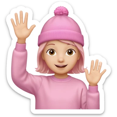 Kid in pink hat and jumper waving sticker
