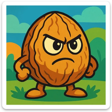 walnut character with determined face, fun cartoon style, inspired by Plants vs Zombies sticker