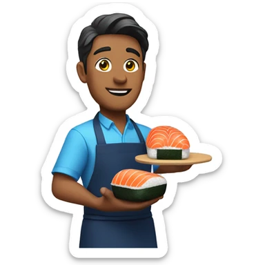 guy in a blue apron holding sushi in his hands sticker
