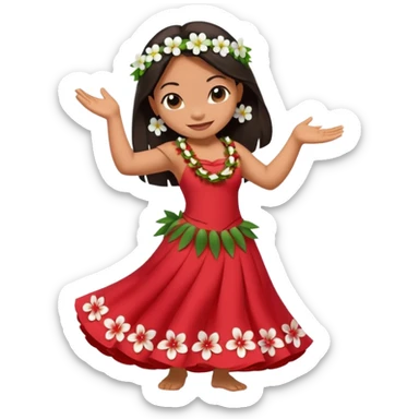 Lilo from Lilo & Stitch dancing hula, wearing a red dress with white flowers, apple style emoji sticker