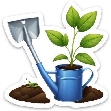 An icon featuring a shovel, a plant symbolizing agronomy. The design includes crops, a field, and a watering can, representing the science of soil management, crop production, and sustainable farming. Transparent background highlights agricultural research and growth. sticker