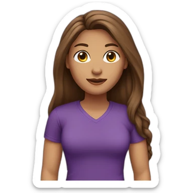women,brown long hair,using purple tshirt, with a cartel hello sticker