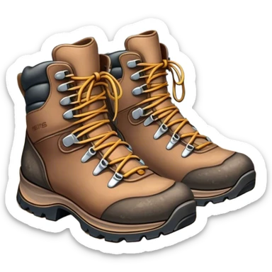 Cinematic Realistic Hiking Boots, well-worn leather boots resting on a rocky trail, scuffed edges and dirt-speckled laces adding character, glowing softly under the dappled sunlight filtering through the trees. sticker