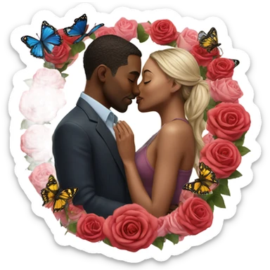 Hyper Realistic Couple kissing surrounded by roses and butterflies  sticker