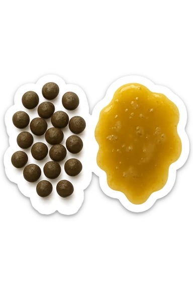 feci di animale a palline viste dall'alto e feci di animale liquide e gialline viste dall'alto, iperrealistico 4k sticker