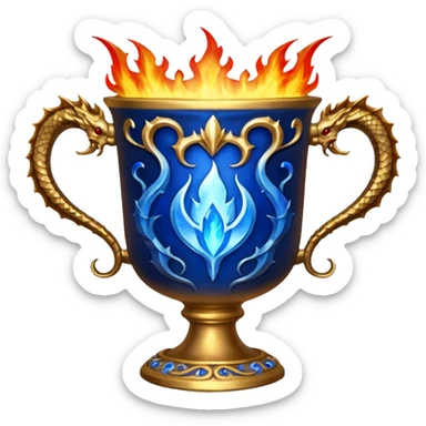 The Goblet of Fire is a large, ornate cup made of burnished gold with intricate carvings and handles shaped like fiery dragons. It's enchanted to select the champions for the Triwizard Tournament by emitting blue flames and magically presenting their name sticker