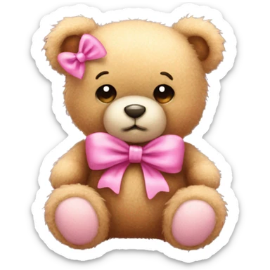 Fuzzy teddy bear wearing a pink bow sticker