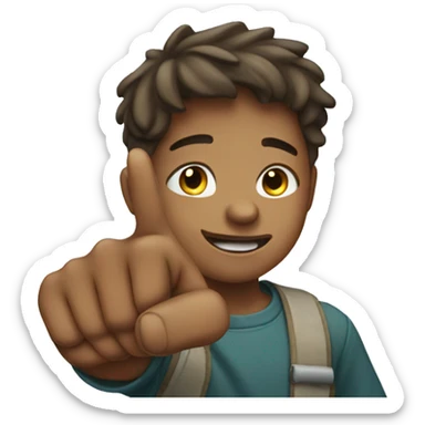 boy pointing to the sky from behind sticker