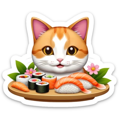 happy cat with flowers and sushi sticker