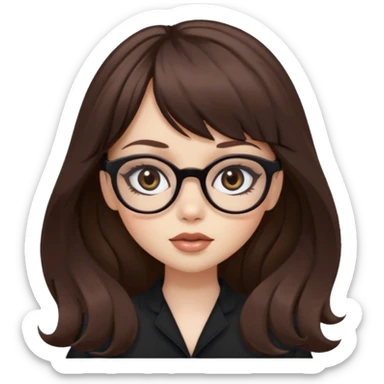 wavy brown long bangs hair, pale skin, dark black iris, pretty bratz baddie, strong black eyeliner, glasses sticker
