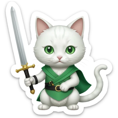 un gato blanco con reeferencia a rororoa zoro "una espada en cada mano y una en la boca" sticker