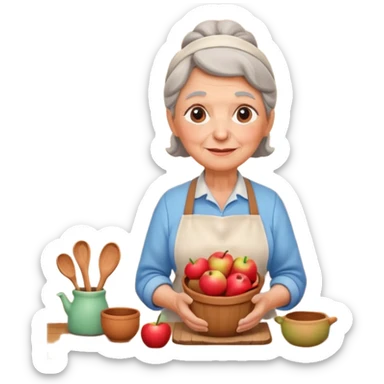 cartoon Apple iOS emoji style rural elderly woman, pastel colors, Chilean wooden kitchen background, clay pots, warm light, detailed and clean vector art sticker