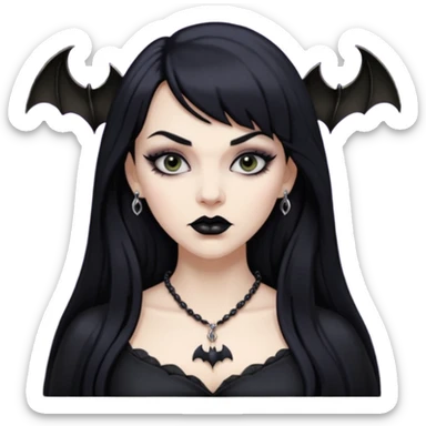 vampira mulher branca com cabelo preto longo com franja na testa, sobrancelha grossa e lábios com batom preto com colar preto e pingente de morcego preto sticker