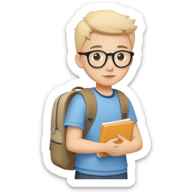 A flat-style illustration of a student character, wearing a backpack and casual school clothes. Clean, minimal cartoon style, white background, iOS emoji aesthetic. sticker