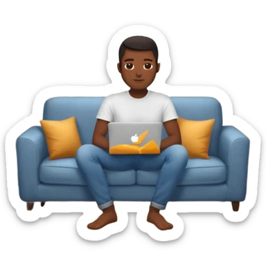 Homme développeur de teint noir, assis dans un coin cosy de son salon un week-end, ordinateur portable ouvert affichant du code. Lumière naturelle douce, ambiance calme. Habillé simplement (t-shirt clair, jean ou short), tasse de café/thé à côté. sticker