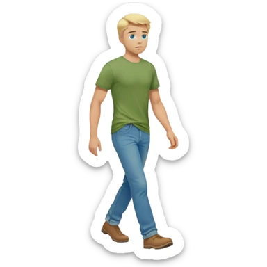 A cinematic realistic blond man with blue eyes, dressed in wide jeans and a green T-shirt, is walking sticker