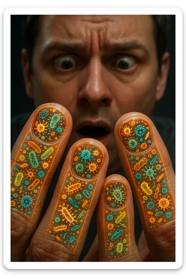 "Close-up macro shot of man's fingernails with transparent overlay showing dense colonies of bacteria, viruses, and parasites thriving in nail beds, millions of pathogens visible as glowing microscopic organisms, expression of shock as he examines his hands under magnification, nail debris containing more germs than toilet water, fingertips becoming mobile germ factories" sticker