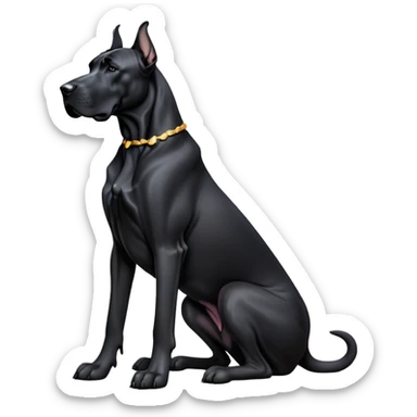 cinematic-[black great dane]-realistic-full-body-sitting-emoji,-tail-resting-loosely-beside-its-paws,-head-tilted-dramatically, ears drooped, -sleek-[black]-fur,-simplified-yet-realistic-focused-features,-highly-detailed,-glowing-with-an-almost-sarcastic-glow sticker