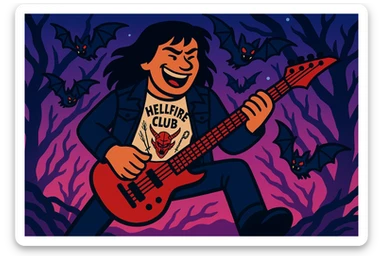 Add several demobats flying around Eddie Munson as he plays guitar in the Upside Down. Keep the shadows light and the outlines very dark and defined. Use vibrant toon style with a wide aspect ratio (16:9). The image should be ideal for post-editing. sticker