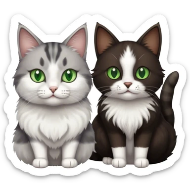 Grey and white cat next to a brown, black, and white fluffy cat. Both cats have green eyes   sticker