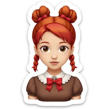 school girl with  2 bunns bow red hair  in brown dress  sticker