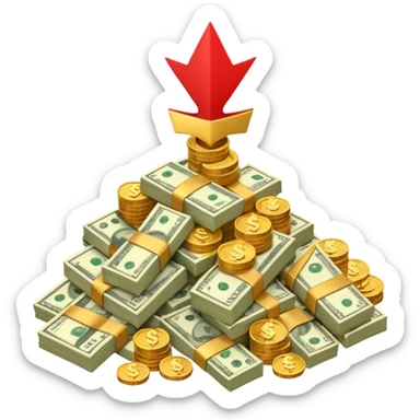 a pile of money with red arrow up sticker