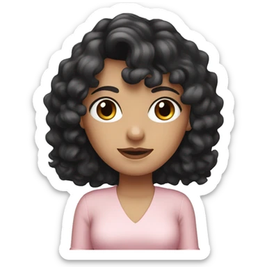 White woman with long black curly hair and bangs and dark brown eyes, wearing a pastel pink dress sticker