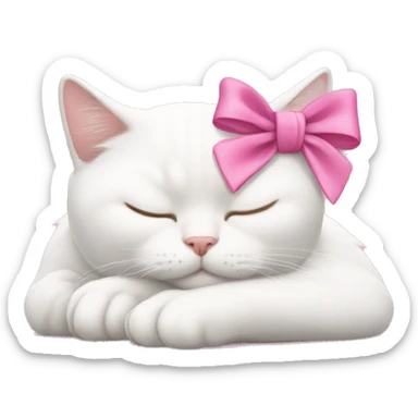 White cat sleeping with pink bow on head sticker