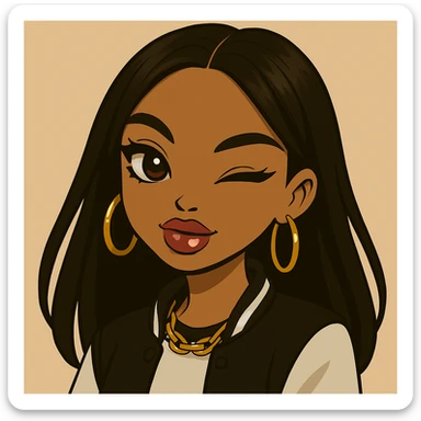 Headshot only of a 20-year-old anime Bratz style woman with dark skin and straight hair. She has a sassy attitude with a confident and playful expression. She wears trendy streetwear, has big expressive eyes, and glossy lips. No hat, no tears. sticker