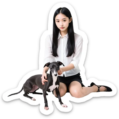 Slim Chinese girl with long black hair petting completely dark grey Italian greyhound with absolutely no white markings anywhere sticker