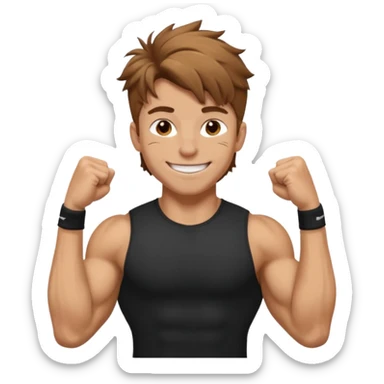 Gym rat with light brown hair and black t shirt, and messy hair. And muscular ,and happy a little sticker