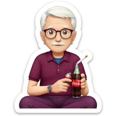 Older man with white hair, glasses, red college shirt, dark plum colored trousers, has a cap on and a clock on his wrist, sitä with cigarette and coca-cola bottle sticker